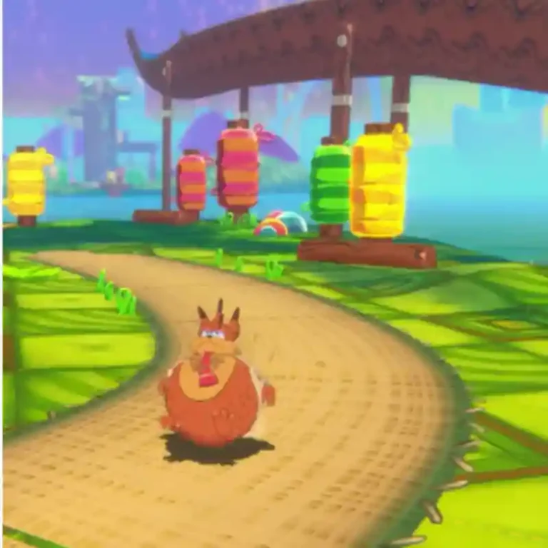Bubsy 4D main character jumping over interactive obstacles in 3D and 4D platforming environment