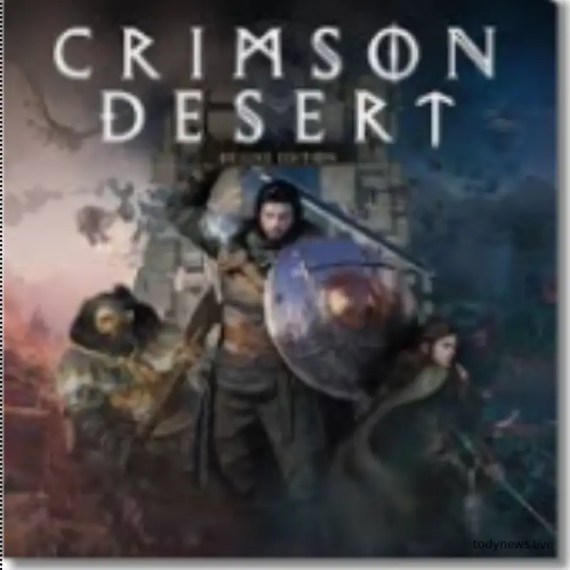 Crimson Desert game screenshot showing protagonist Kliff exploring a vast open-world landscape with mountains, forests, and a dynamic sunset.