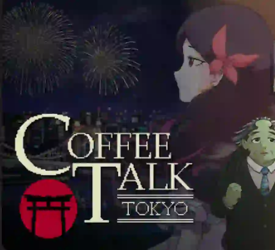 Coffee Talk Tokyo game scene showing a cozy neon-lit café with a barista serving drinks and customers sharing stories.
