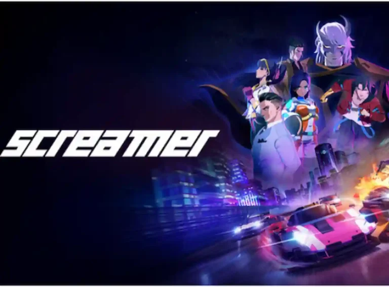 Screamer 2026 futuristic racing game with neon city track and high speed cars.