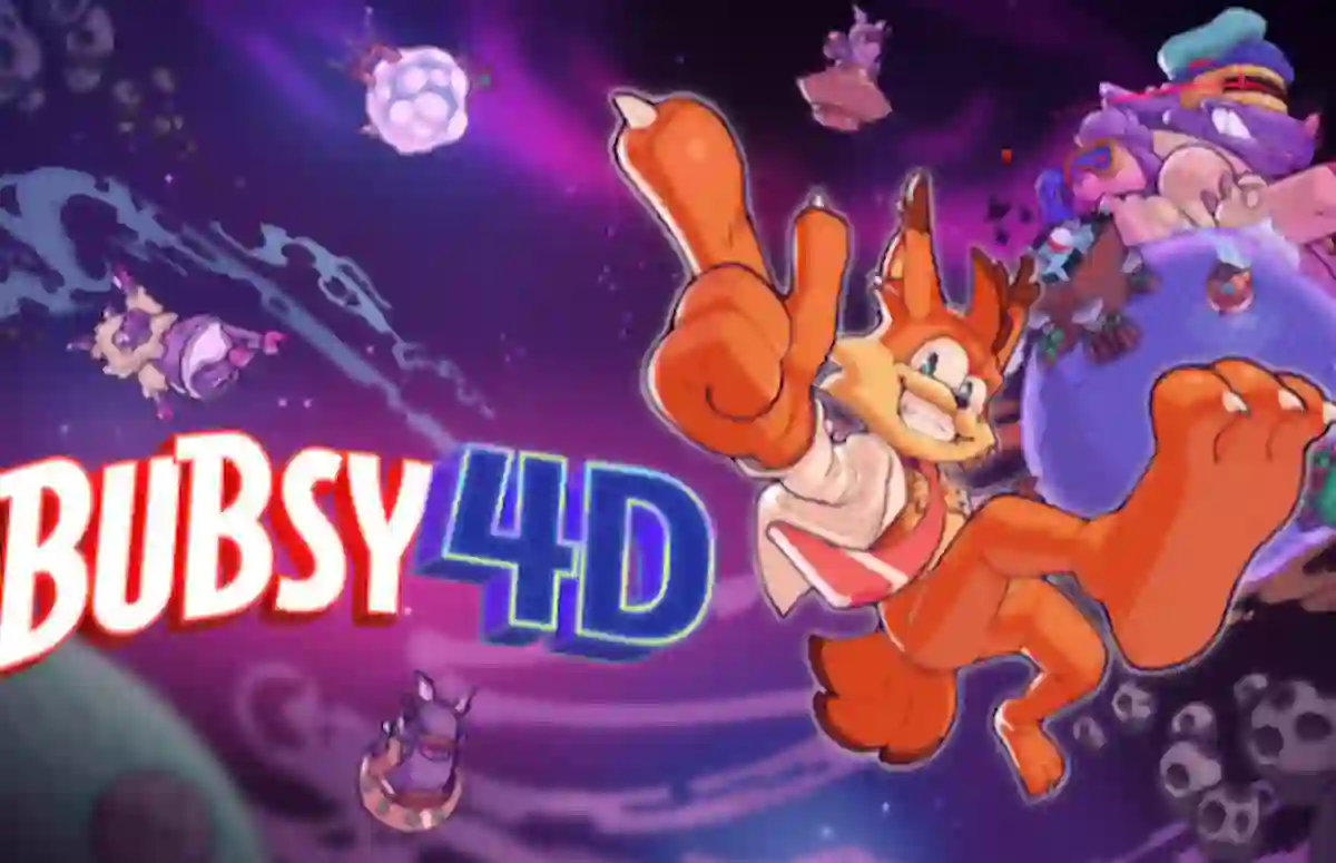 Bubsy character in a colorful 3D game world from the upcoming video game Bubsy 4D