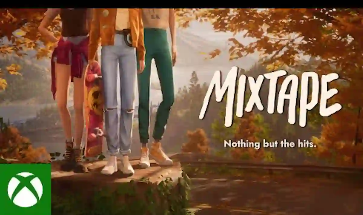 Promotional artwork of the Mixtape video game showing three teenage friends exploring a vibrant world filled with music, memories, and emotional storytelling.
