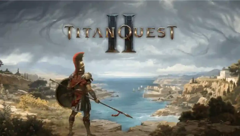 Titan Quest II gameplay showing a warrior fighting mythological monsters in ancient Greece RPG world.