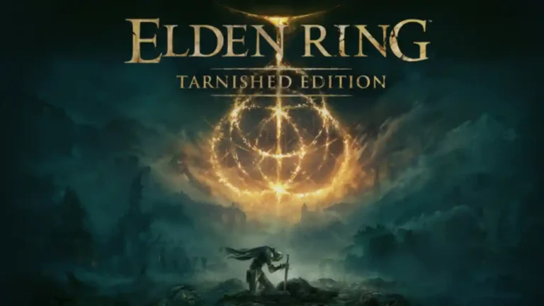 Elden Ring open world gameplay showing Tarnished character facing a giant boss in dark fantasy landscape with dramatic lighting and ruins.