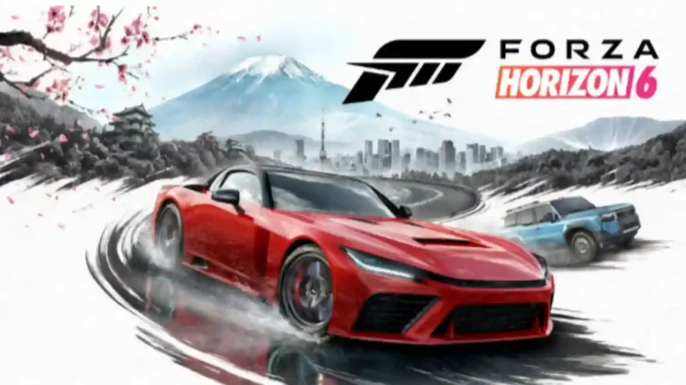 Forza Horizon 6 gameplay showing cars racing in Tokyo Japan with cherry blossom trees and Mount Fuji in background