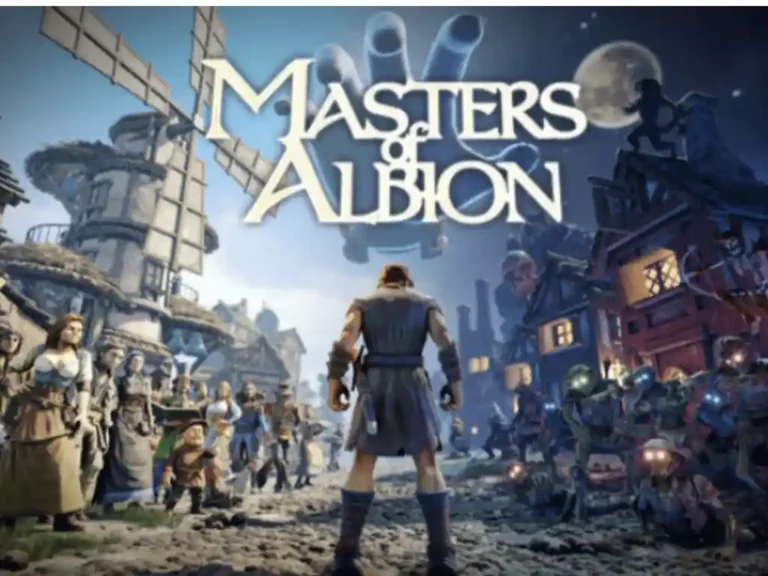 Masters of Albion gameplay showing god hand controlling village and fighting undead enemies