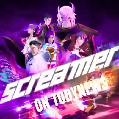 Screamer game neon street racing cars drifting and boosting in futuristic city Neo Rey with combat racing action and glowing effects
