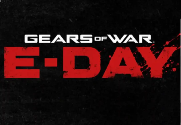 Gears of War E-Day city destruction during Locust invasion with soldiers fighting in a dark cinematic battlefield