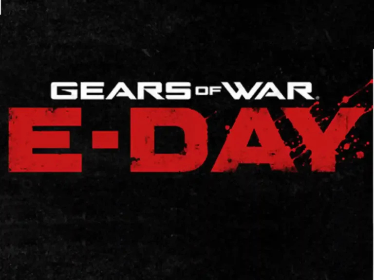 Gears of War E-Day city destruction during Locust invasion with soldiers fighting in a dark cinematic battlefield