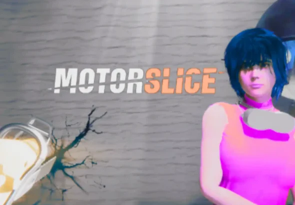 Motorslice beginner guide showing protagonist P fighting giant industrial machine bosses with fast parkour movement in a post-apocalyptic world.