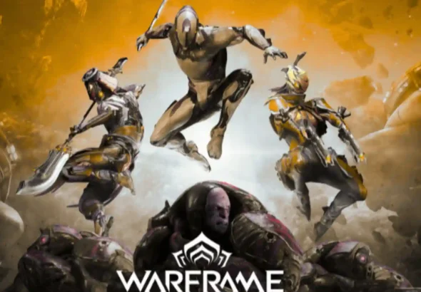 Warframe beginner gameplay showing Excalibur using melee combat and bullet jump movement in a futuristic sci-fi environment.