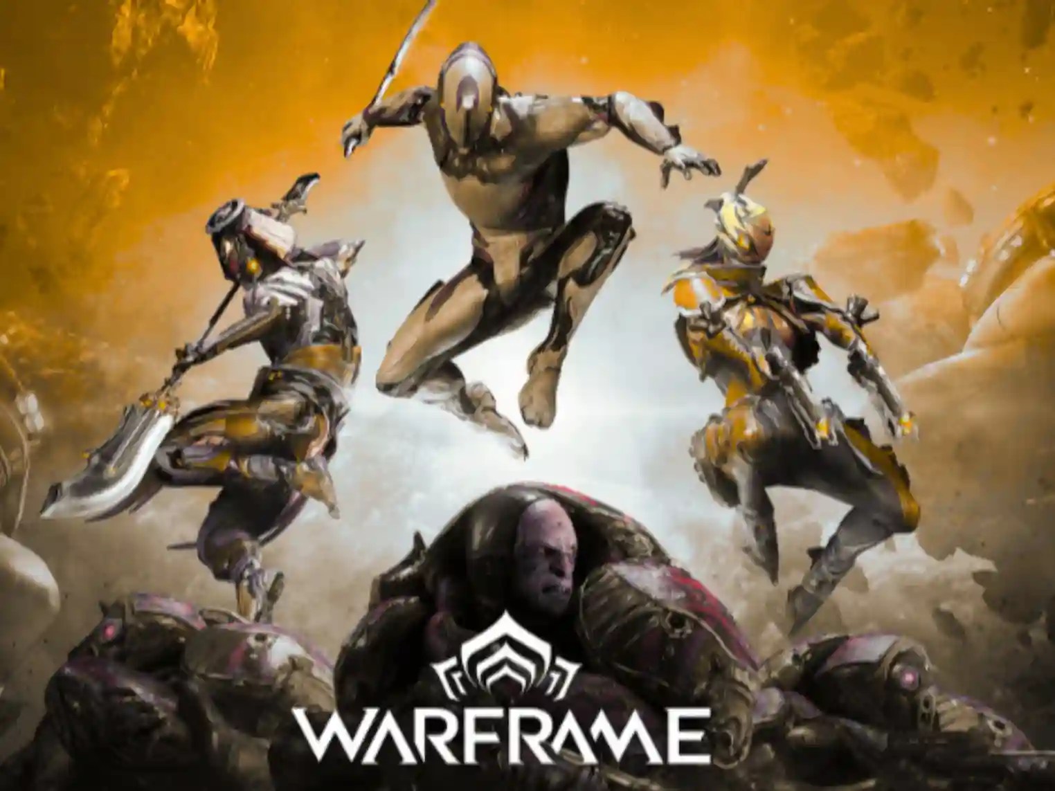 Warframe beginner gameplay showing Excalibur using melee combat and bullet jump movement in a futuristic sci-fi environment.